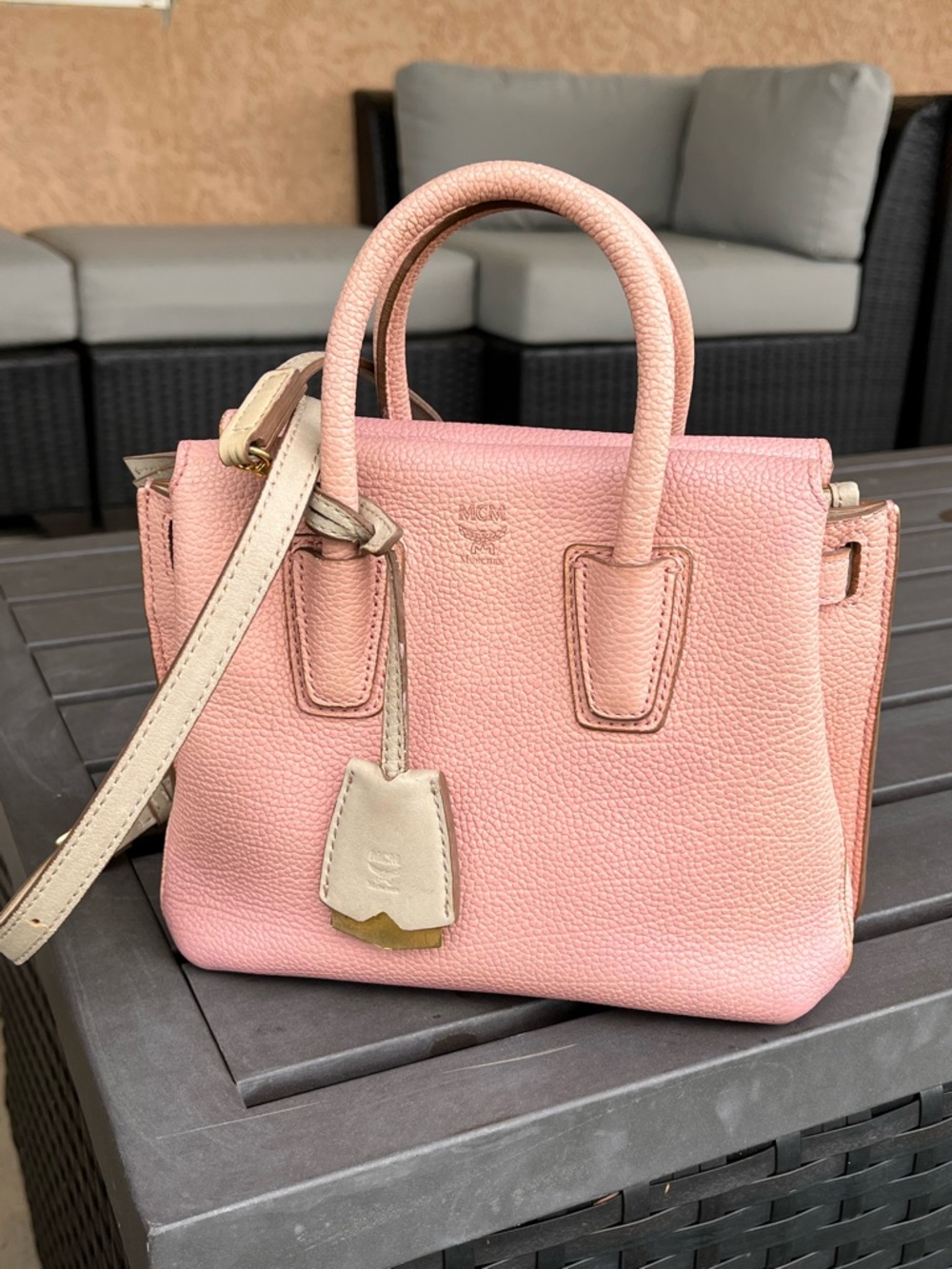 AUTH MCM Pink Milla Leather Satchel with Crossbody Strap